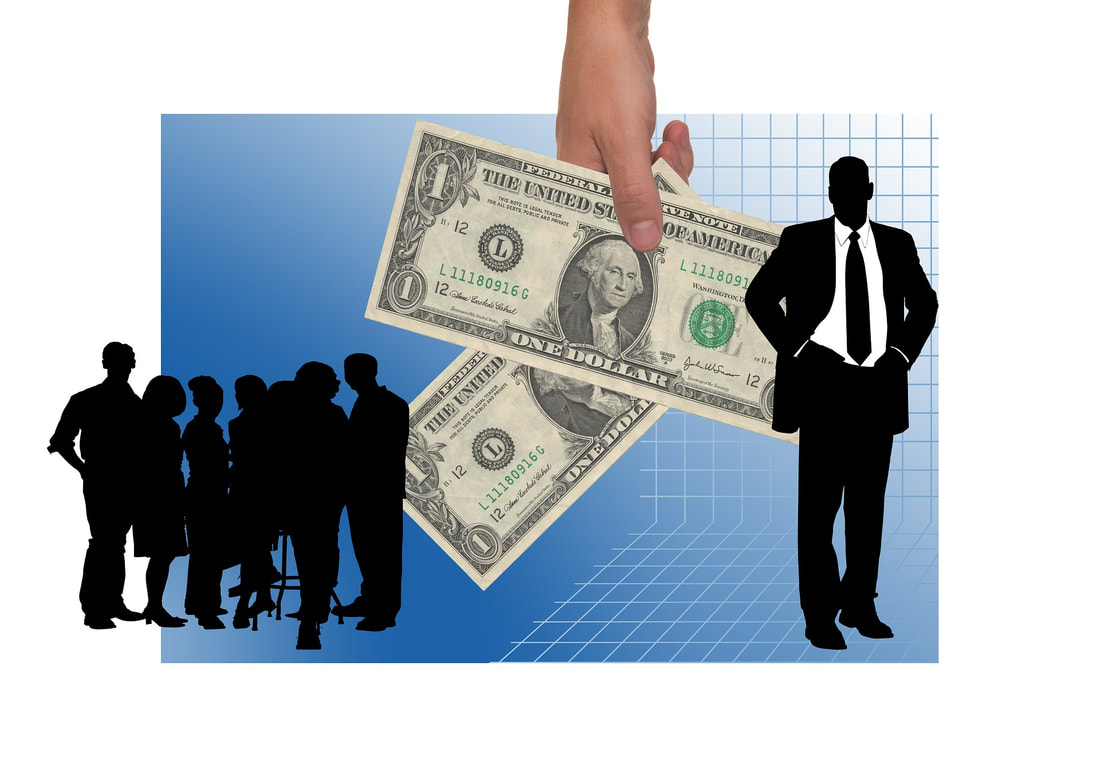silhouettes of employees on one side, silhouette of boss on the other, and hand exchanging two dollar bills in the middle