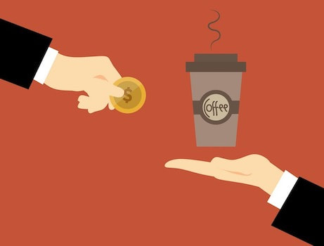 illustration of employer hand handing employee hand a dollar coin for coffee in his hand