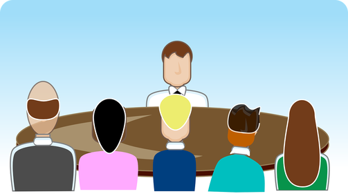illustration of a person sitting at a table across from five other people, suggesting an interview-like situation