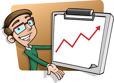 illustration of man proudly showing off graph of upward arrow