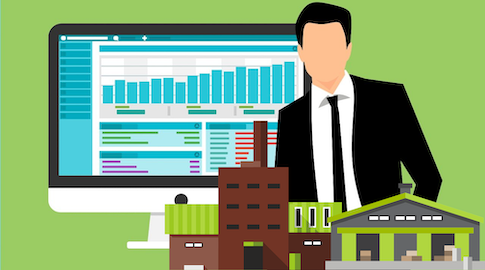 illustration of graphs on computer, man in suit and small government factory building in corner