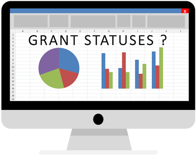 illustration of computer screen with excel sheet that contains graphs and the words "GRANT STATUSES?"