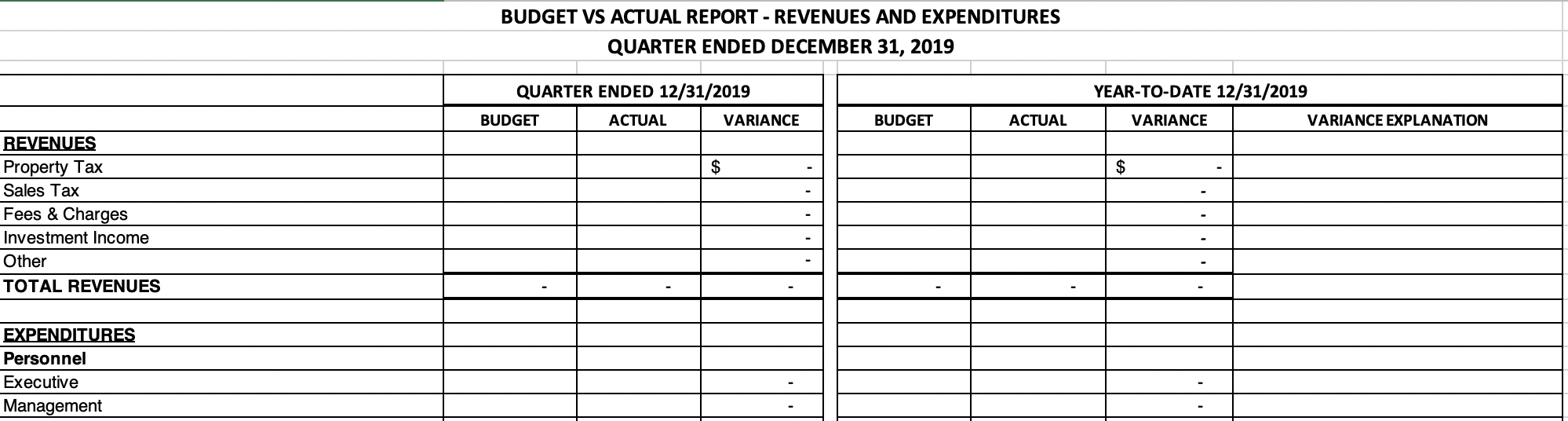 screenshot of our excel template for quarterly budget vs. actual financial comparison report