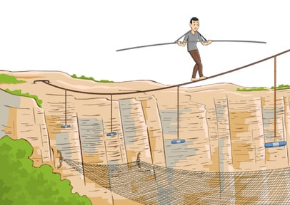 illustration of man balancing more securely with long stick-tool on rope across steep abyss