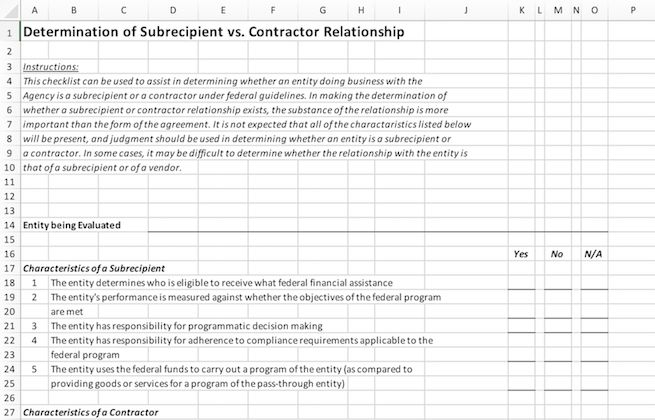 screenshot of our subrecipient vs. contractor determination checklist template