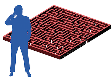 illustration of labyrinth maze with silhouette of confused person next to it