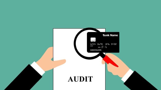 illustration of hands holding magnifying glass to an audit report with a credit card image