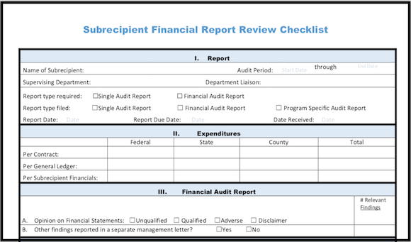 screenshot of top part of our "subrecipient financial report review checklist"