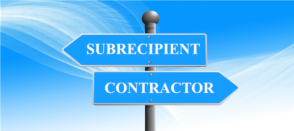 illustration of two opposite arrow-signs saying "subrecipient" in one direction and "contractor" in the other