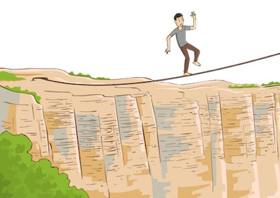 illustration of man balancing and wobbling hands-free on rope across steep abyss